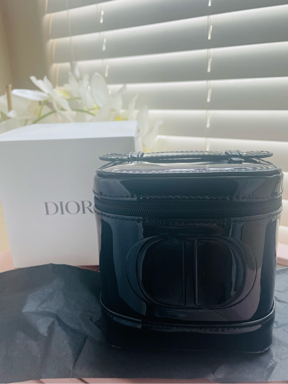 Dior Black Patent Vanity Case Top Handle Bag embossed CD logo-New in box